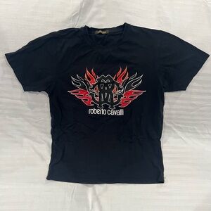 Roberto Cavalli Black Tee with Red and White Graphic